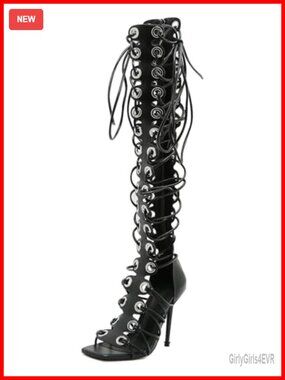 Peep Toe Lace Up High Heeled Gladiator Sandals Over The Knee Bootie